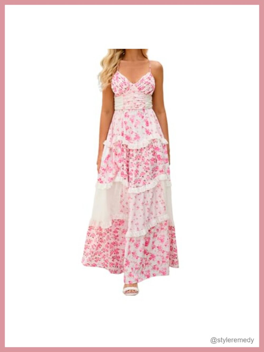 Women Floral Maxi Dress Spaghetti Strap V Neck Patchwork Bohemian Flowy
